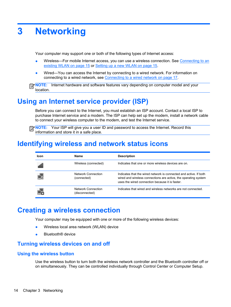 Networking, Using an internet service provider (isp), Identifying wireless and network status icons | Creating a wireless connection, Turning wireless devices on and off, Using the wireless button, 3 networking, 3networking | HP ZBook 15 Mobile Workstation User Manual | Page 24 / 88