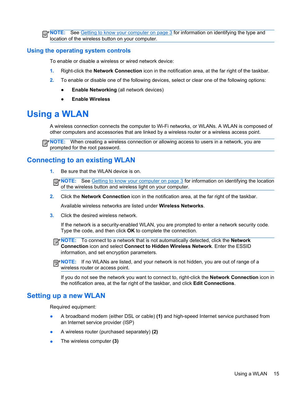 Using the operating system controls, Using a wlan, Connecting to an existing wlan | Setting up a new wlan, Connecting to an | HP ZBook 15 Mobile Workstation User Manual | Page 25 / 88