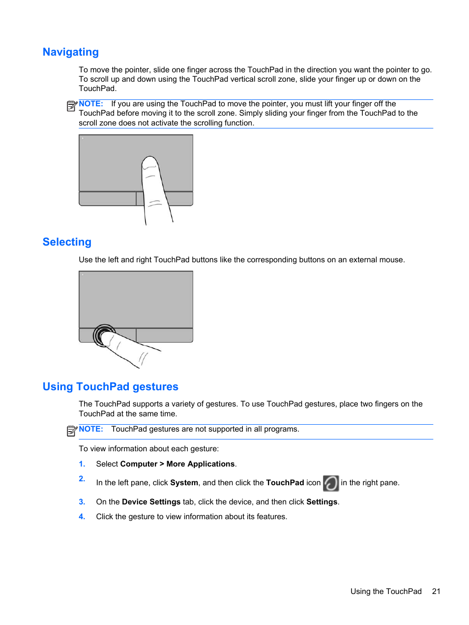 Navigating, Selecting, Using touchpad gestures | Navigating selecting using touchpad gestures | HP ZBook 15 Mobile Workstation User Manual | Page 31 / 88