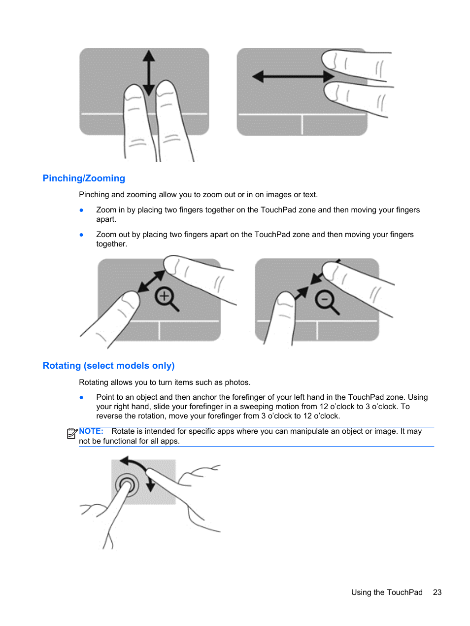 Pinching/zooming, Rotating (select models only), Pinching/zooming rotating (select models only) | HP ZBook 15 Mobile Workstation User Manual | Page 33 / 88