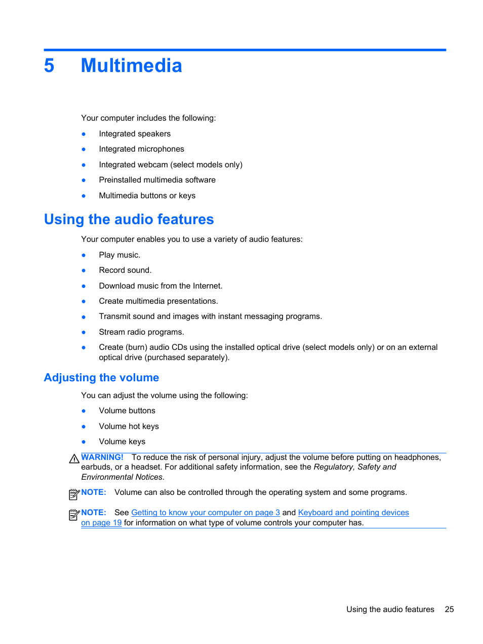 Multimedia, Using the audio features, Adjusting the volume | 5 multimedia, 5multimedia | HP ZBook 15 Mobile Workstation User Manual | Page 35 / 88