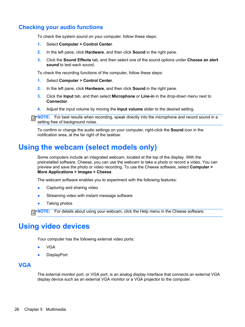 Checking your audio functions, Using the webcam (select models only), Using video devices | HP ZBook 15 Mobile Workstation User Manual | Page 36 / 88