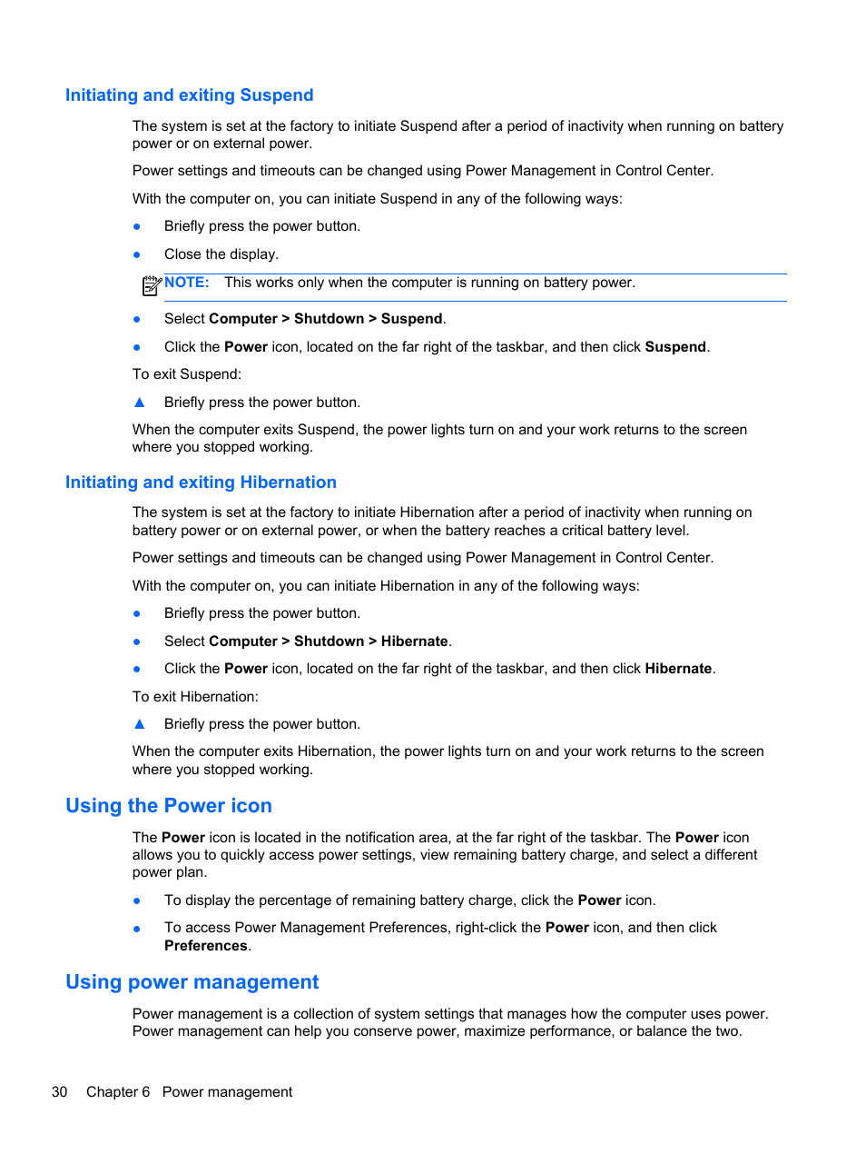 Initiating and exiting suspend, Initiating and exiting hibernation, Using the power icon | Using power management, Using the power icon using power management | HP ZBook 15 Mobile Workstation User Manual | Page 40 / 88