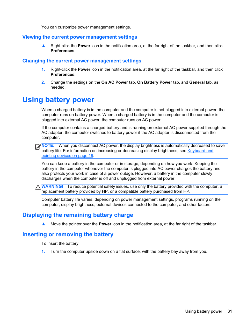 Viewing the current power management settings, Changing the current power management settings, Using battery power | Displaying the remaining battery charge, Inserting or removing the battery | HP ZBook 15 Mobile Workstation User Manual | Page 41 / 88