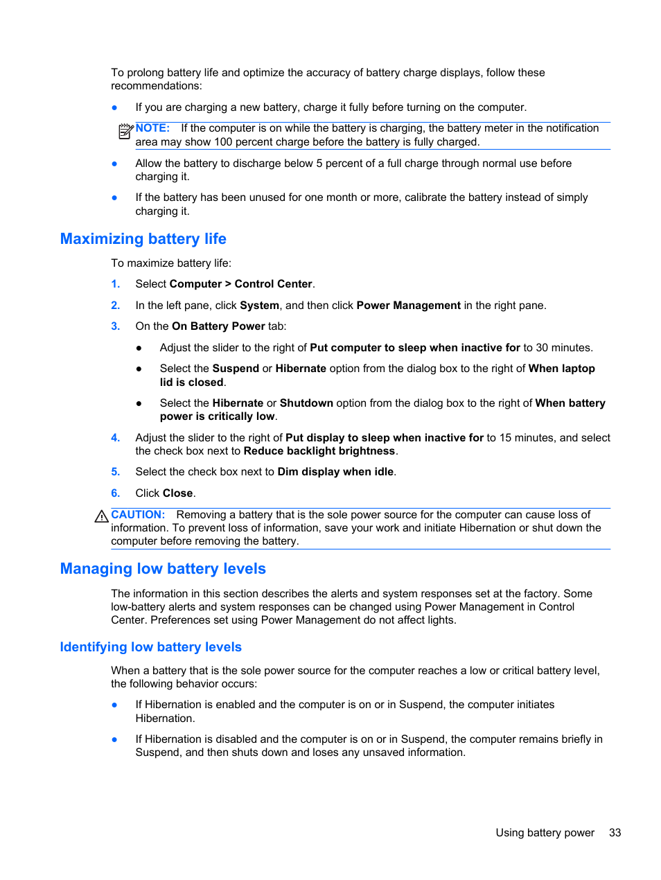 Maximizing battery life, Managing low battery levels, Identifying low battery levels | HP ZBook 15 Mobile Workstation User Manual | Page 43 / 88