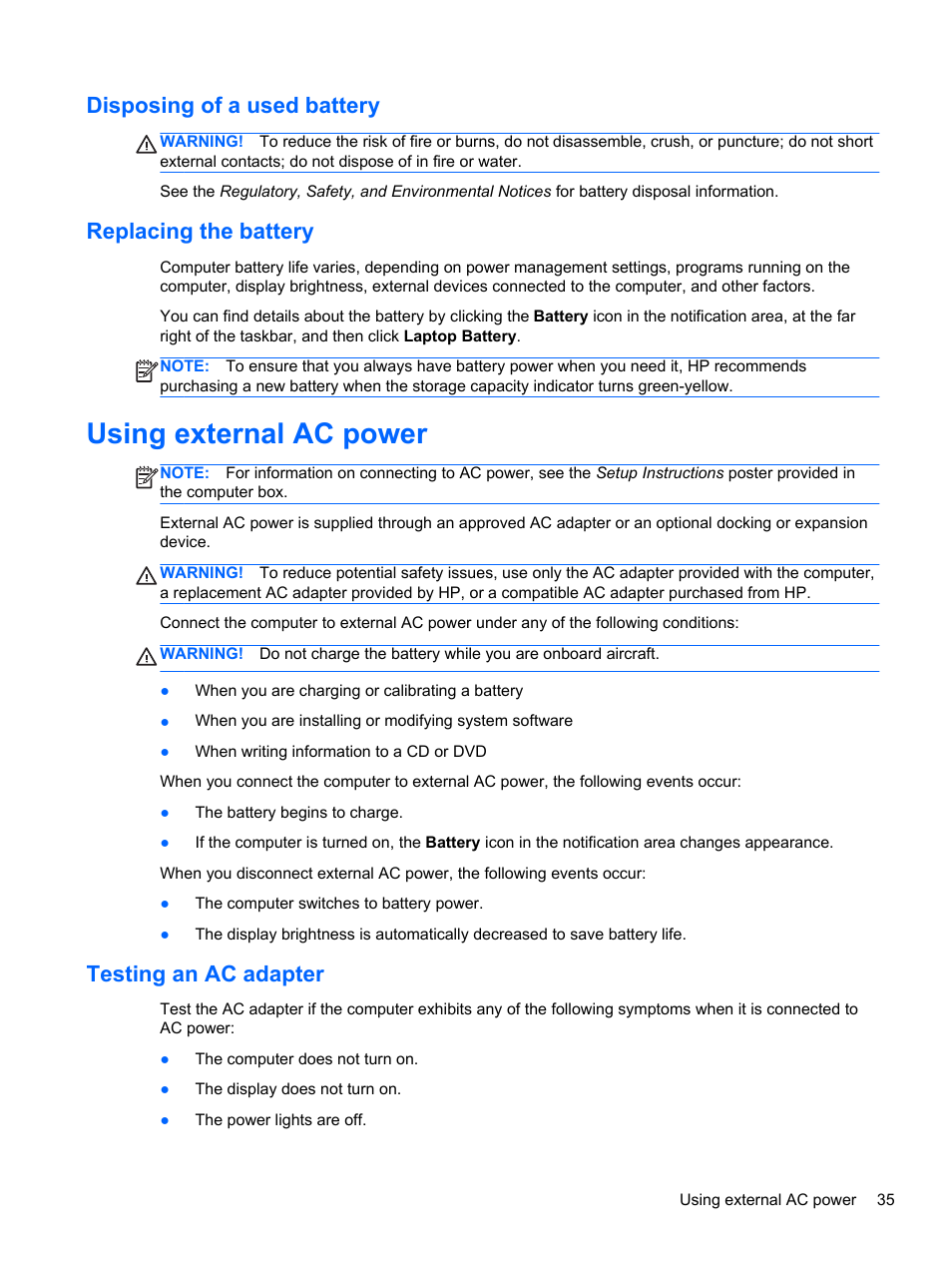 Disposing of a used battery, Replacing the battery, Using external ac power | Testing an ac adapter, Disposing of a used battery replacing the battery | HP ZBook 15 Mobile Workstation User Manual | Page 45 / 88