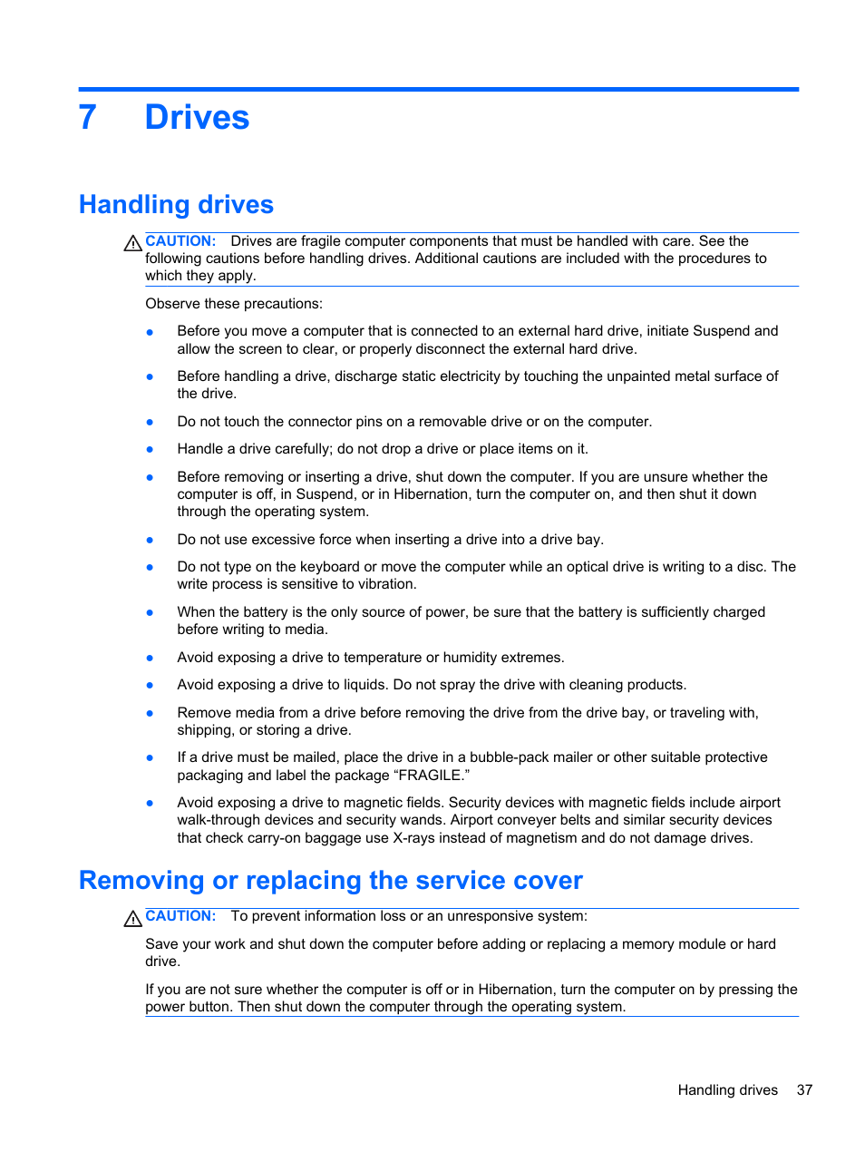 Drives, Handling drives, Removing or replacing the service cover | 7 drives, 7drives | HP ZBook 15 Mobile Workstation User Manual | Page 47 / 88