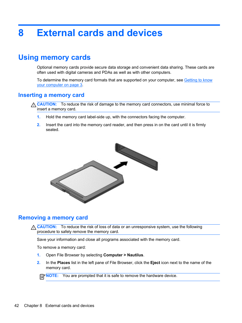 External cards and devices, Using memory cards, Inserting a memory card | Removing a memory card, 8 external cards and devices, Inserting a memory card removing a memory card, 8external cards and devices | HP ZBook 15 Mobile Workstation User Manual | Page 52 / 88