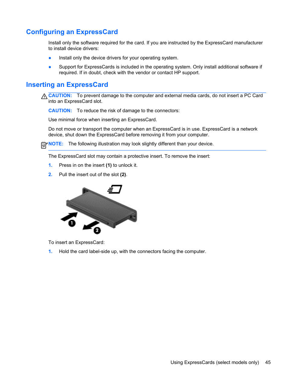 Configuring an expresscard, Inserting an expresscard | HP ZBook 15 Mobile Workstation User Manual | Page 55 / 88