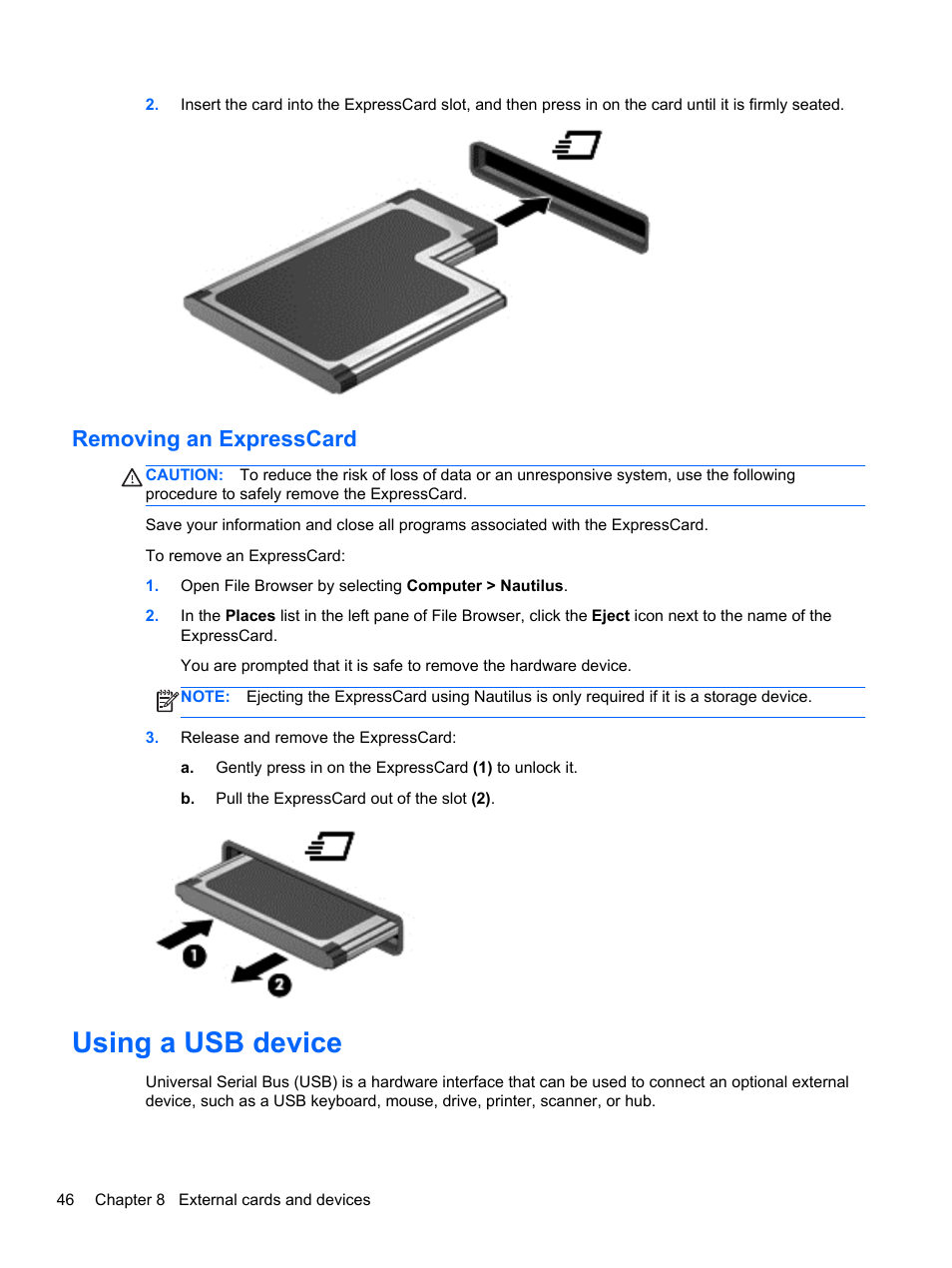 Removing an expresscard, Using a usb device | HP ZBook 15 Mobile Workstation User Manual | Page 56 / 88