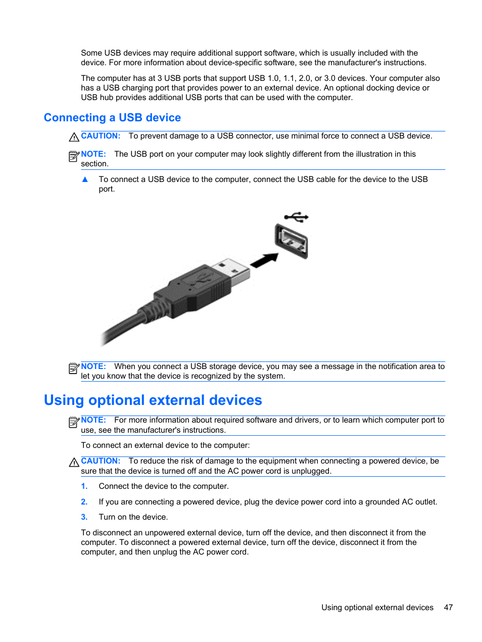 Connecting a usb device, Using optional external devices | HP ZBook 15 Mobile Workstation User Manual | Page 57 / 88