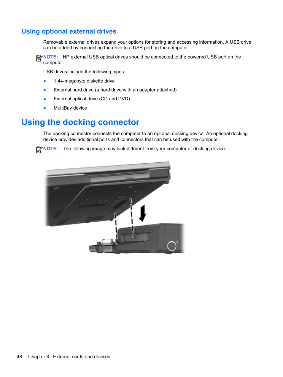 Using optional external drives, Using the docking connector | HP ZBook 15 Mobile Workstation User Manual | Page 58 / 88