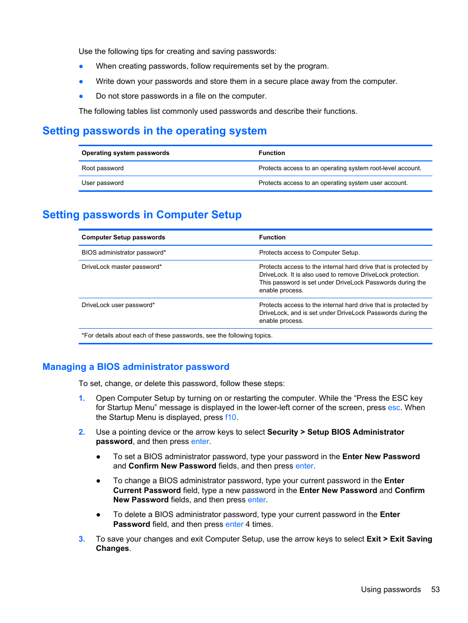 Setting passwords in the operating system, Setting passwords in computer setup, Managing a bios administrator password | HP ZBook 15 Mobile Workstation User Manual | Page 63 / 88