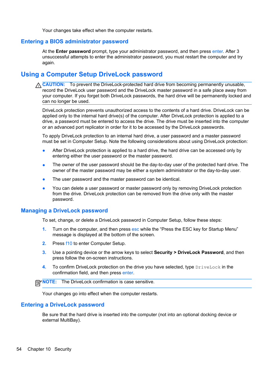 Entering a bios administrator password, Using a computer setup drivelock password, Managing a drivelock password | Entering a drivelock password | HP ZBook 15 Mobile Workstation User Manual | Page 64 / 88