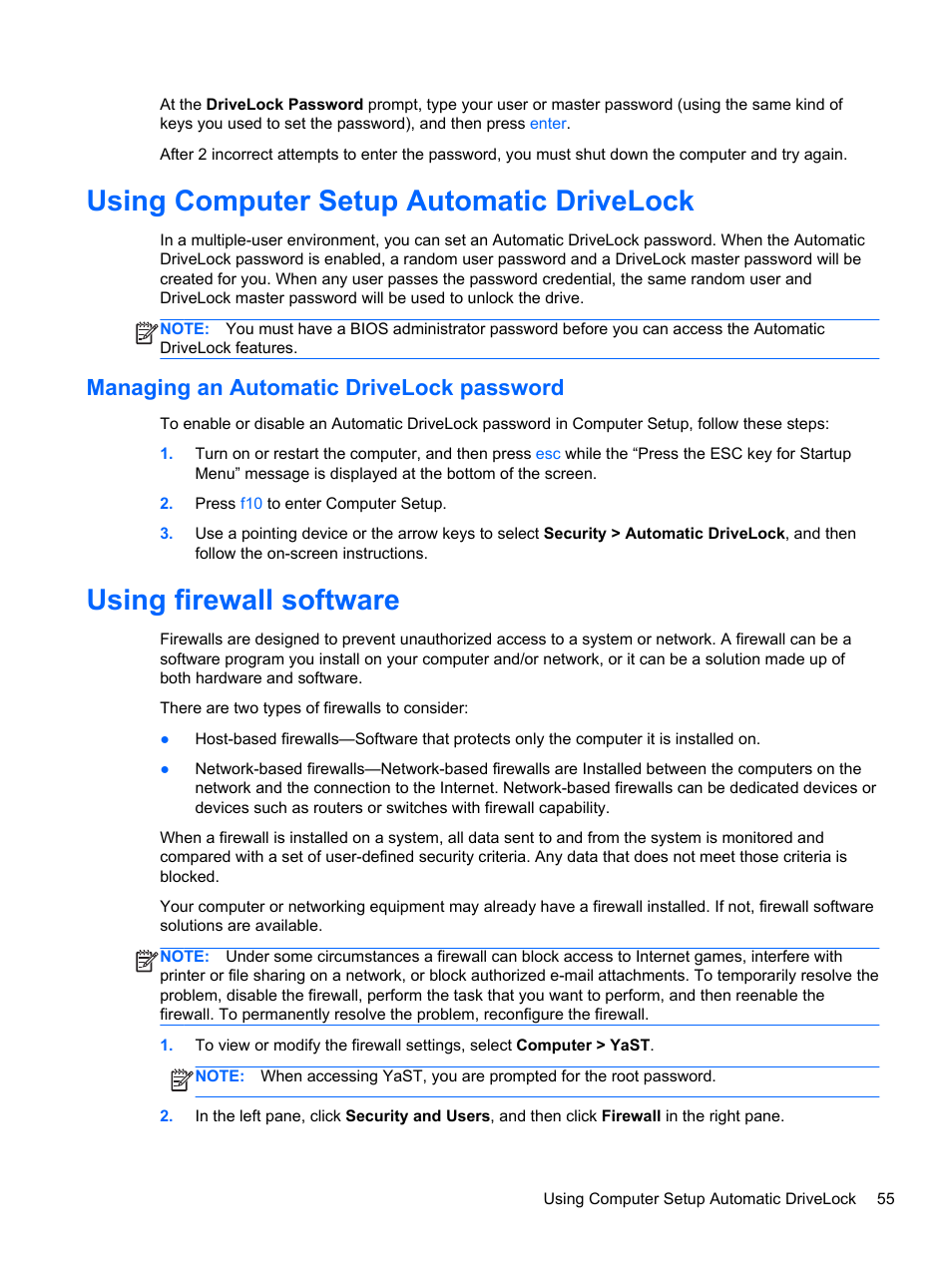 Using computer setup automatic drivelock, Managing an automatic drivelock password, Using firewall software | HP ZBook 15 Mobile Workstation User Manual | Page 65 / 88