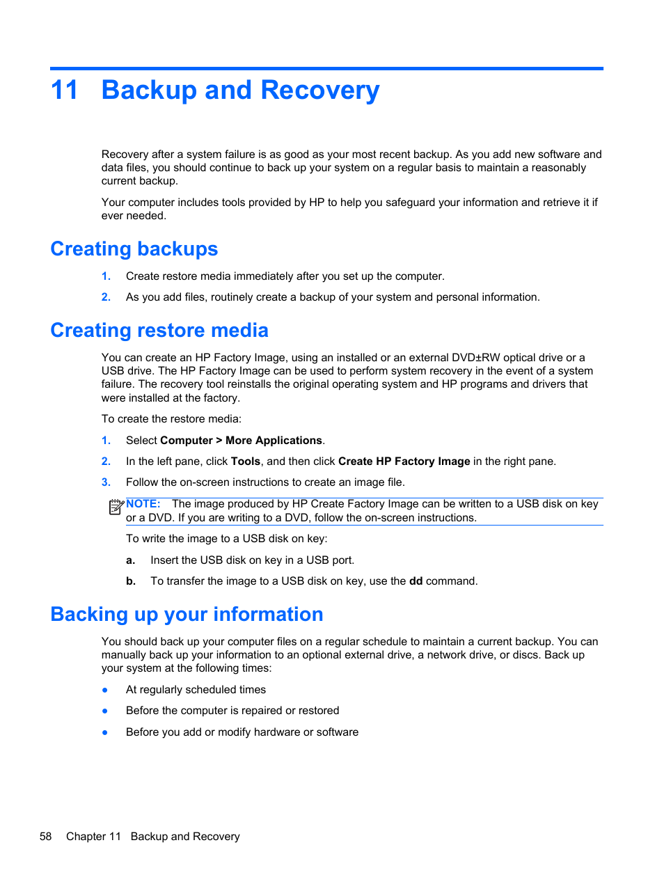 Backup and recovery, Creating backups, Creating restore media | Backing up your information, 11 backup and recovery | HP ZBook 15 Mobile Workstation User Manual | Page 68 / 88