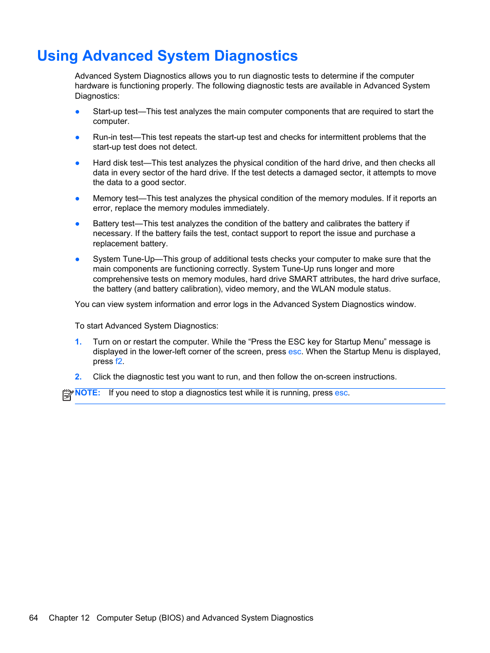 Using advanced system diagnostics | HP ZBook 15 Mobile Workstation User Manual | Page 74 / 88