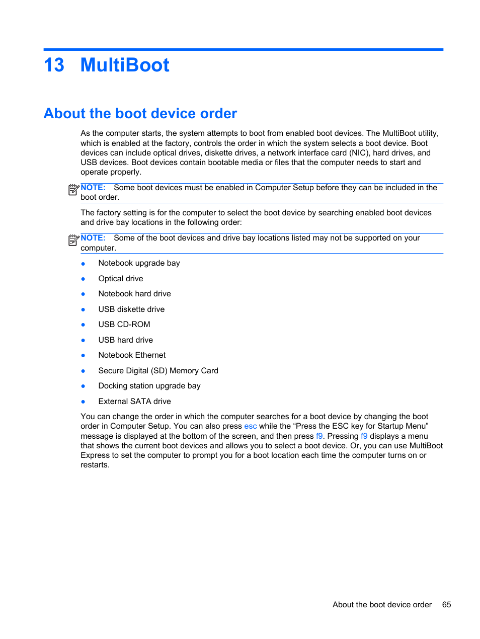 Multiboot, About the boot device order, 13 multiboot | HP ZBook 15 Mobile Workstation User Manual | Page 75 / 88