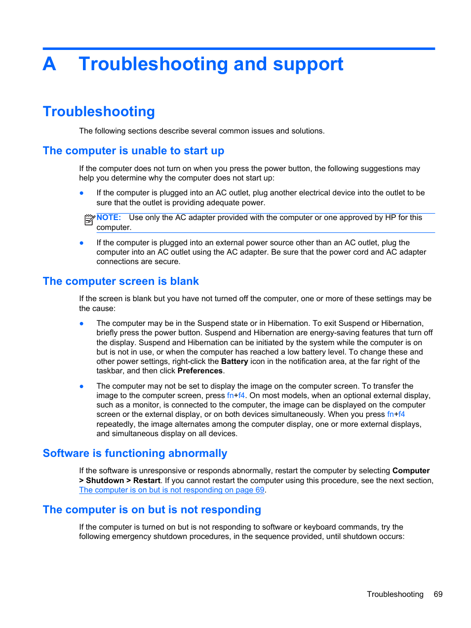 Troubleshooting and support, Troubleshooting, The computer is unable to start up | The computer screen is blank, Software is functioning abnormally, The computer is on but is not responding, Appendix a troubleshooting and support, Atroubleshooting and support | HP ZBook 15 Mobile Workstation User Manual | Page 79 / 88