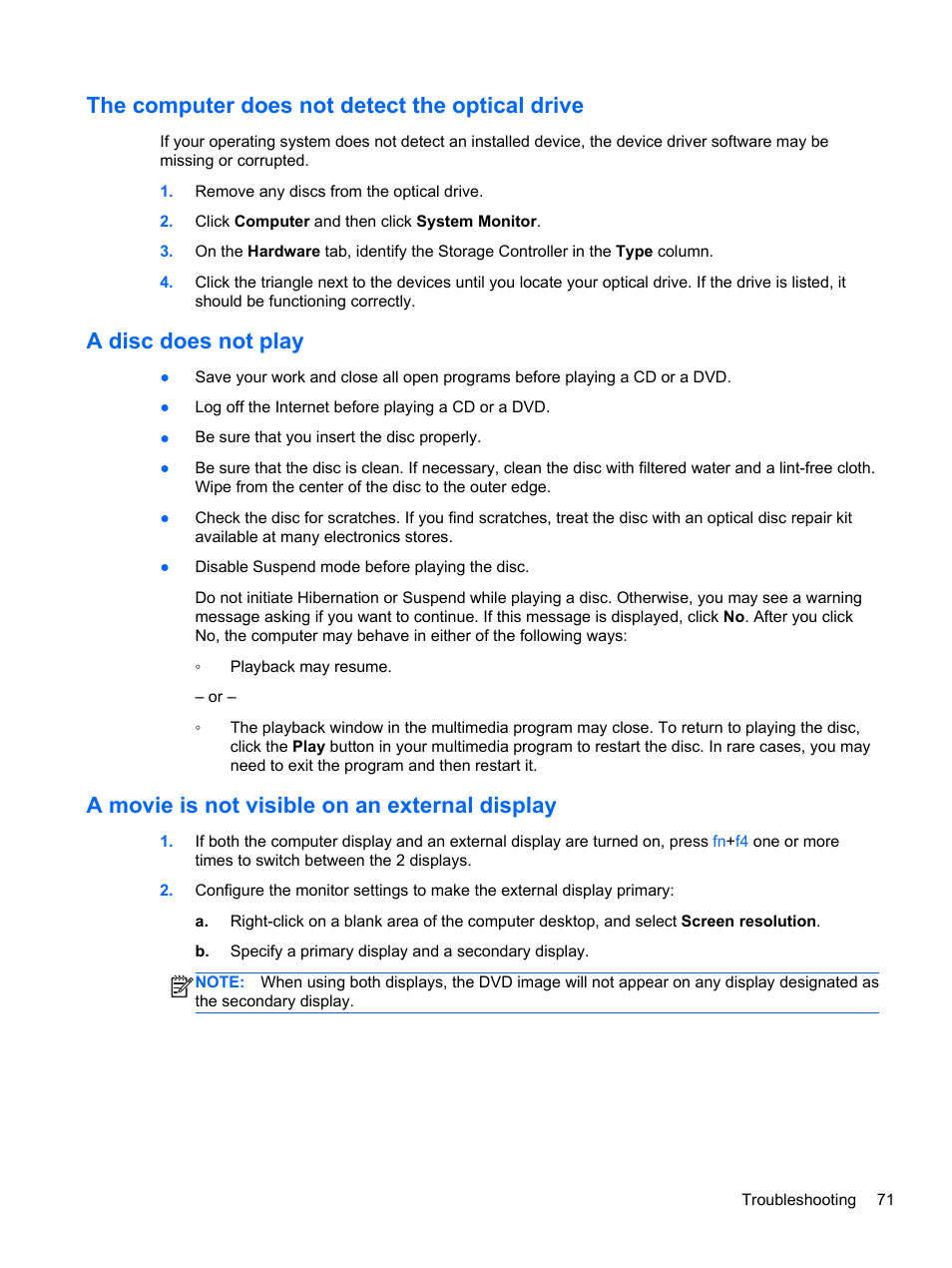 The computer does not detect the optical drive, A disc does not play, A movie is not visible on an external display | HP ZBook 15 Mobile Workstation User Manual | Page 81 / 88