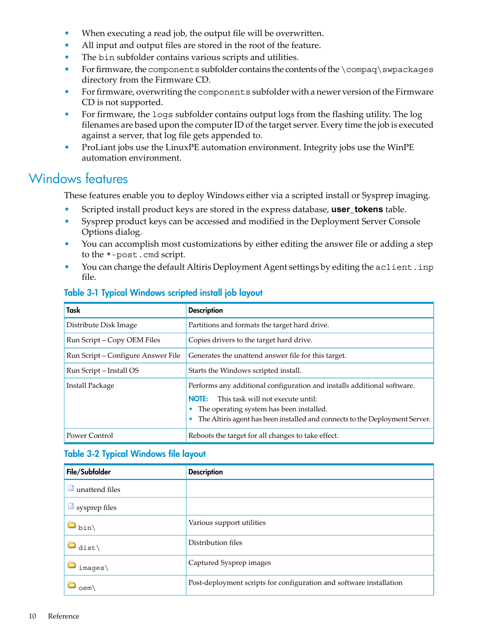 Windows features, Typical windows scripted install job layout, Typical windows file layout | HP Insight Control User Manual | Page 10 / 18