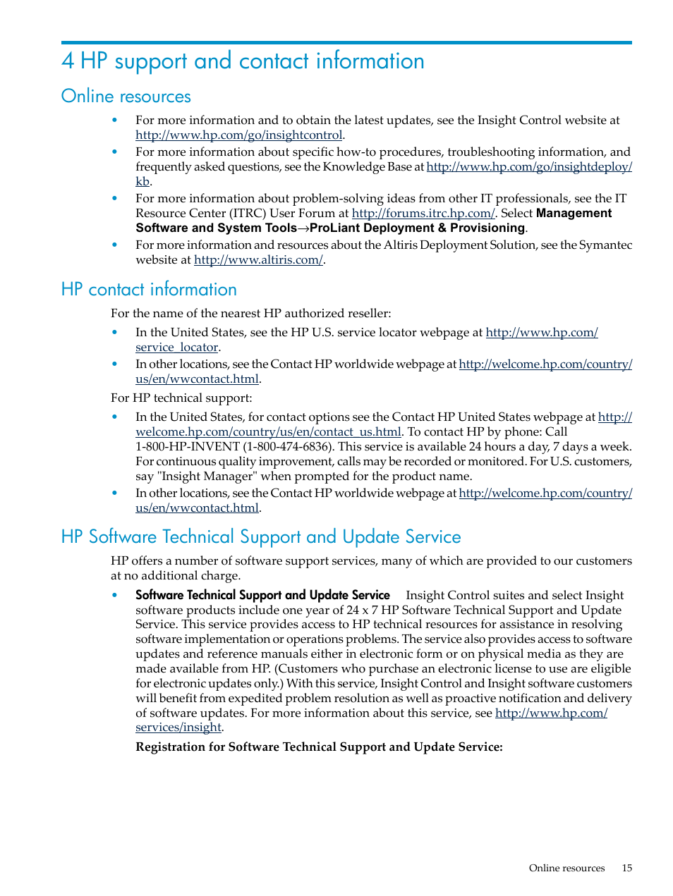 4 hp support and contact information, Online resources, Hp contact information | Hp software technical support and update service | HP Insight Control User Manual | Page 15 / 18