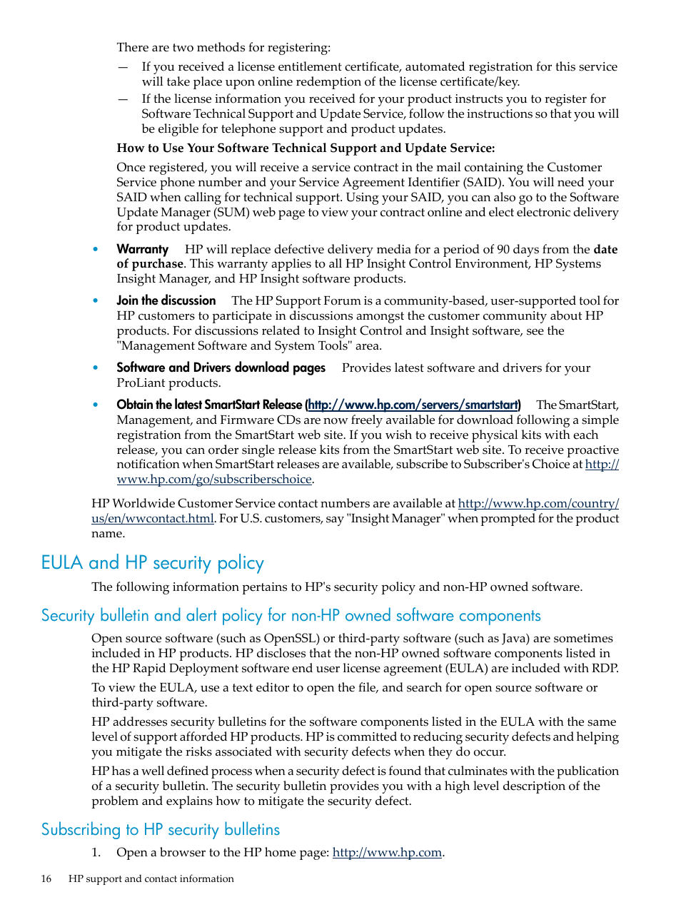 Eula and hp security policy, Subscribing to hp security bulletins | HP Insight Control User Manual | Page 16 / 18