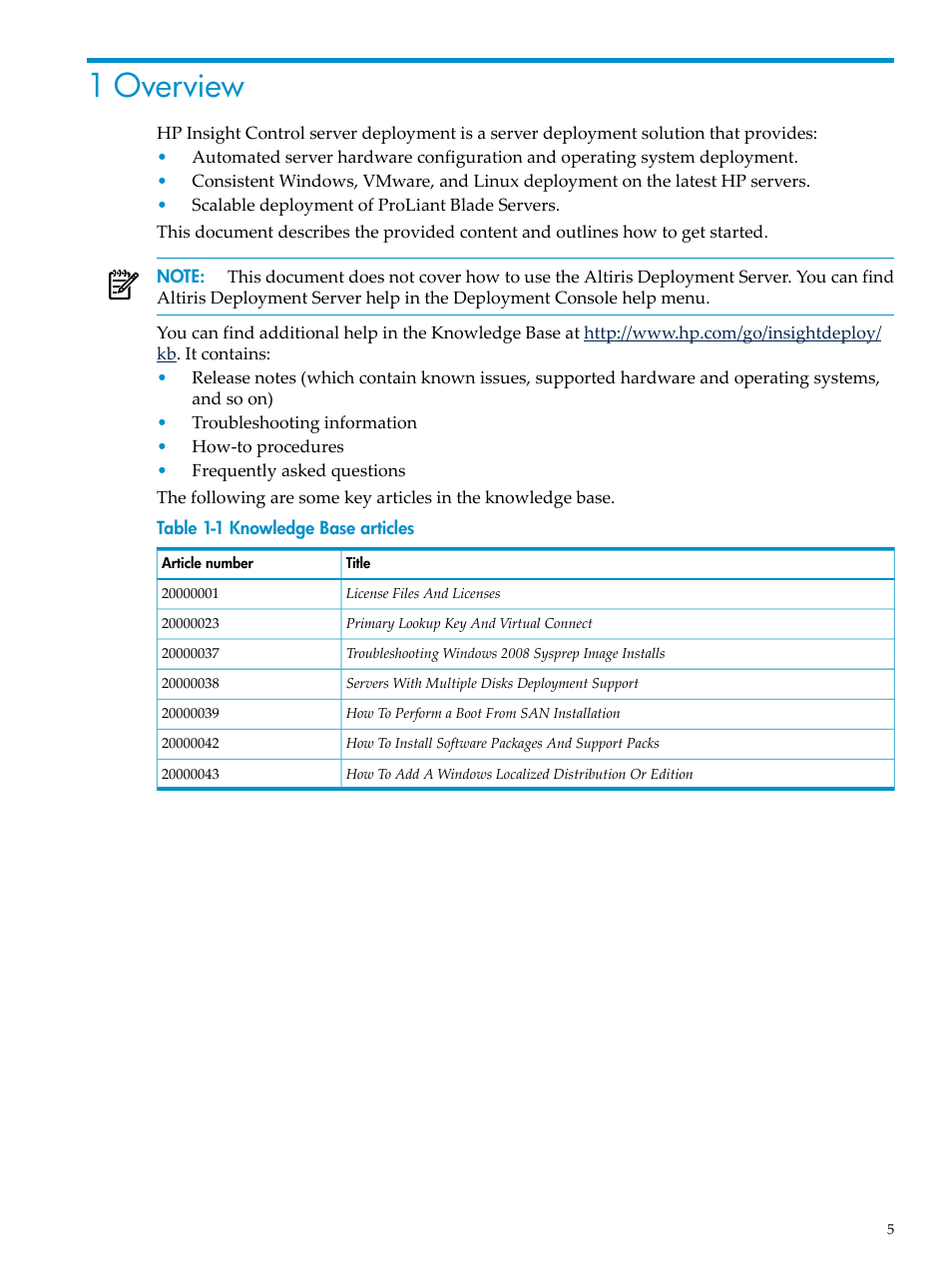 1 overview, Knowledge base articles | HP Insight Control User Manual | Page 5 / 18