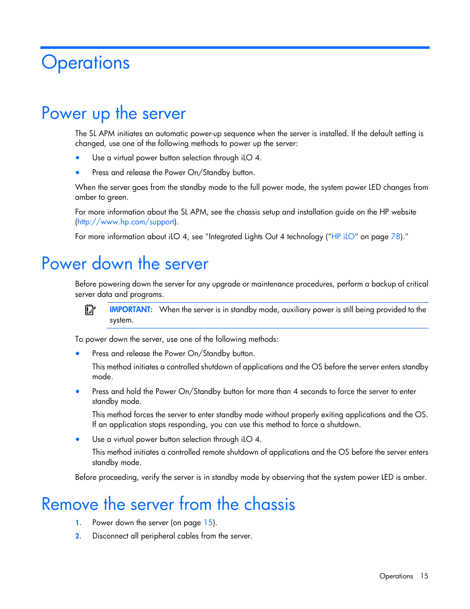 Operations, Power up the server, Power down the server | Remove the server from the chassis | HP ProLiant SL230s Gen8 Server User Manual | Page 15 / 110