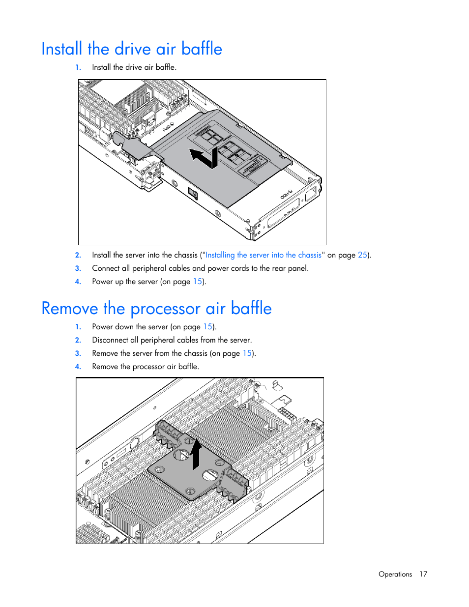 Install the drive air baffle, Remove the processor air baffle | HP ProLiant SL230s Gen8 Server User Manual | Page 17 / 110
