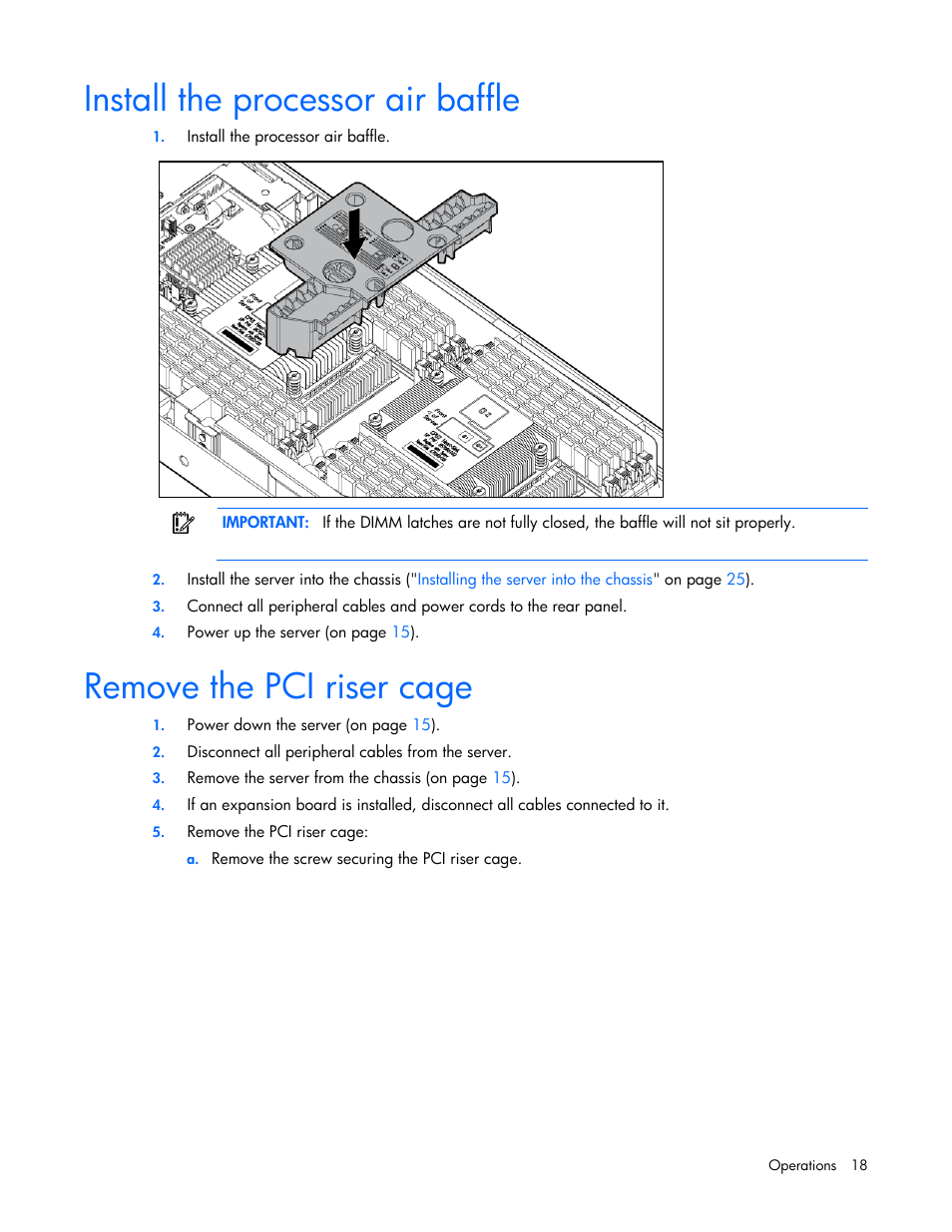 Install the processor air baffle, Remove the pci riser cage | HP ProLiant SL230s Gen8 Server User Manual | Page 18 / 110
