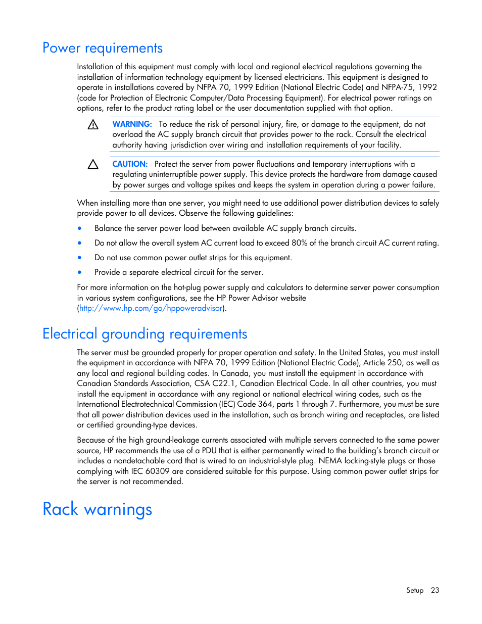 Power requirements, Electrical grounding requirements, Rack warnings | HP ProLiant SL230s Gen8 Server User Manual | Page 23 / 110