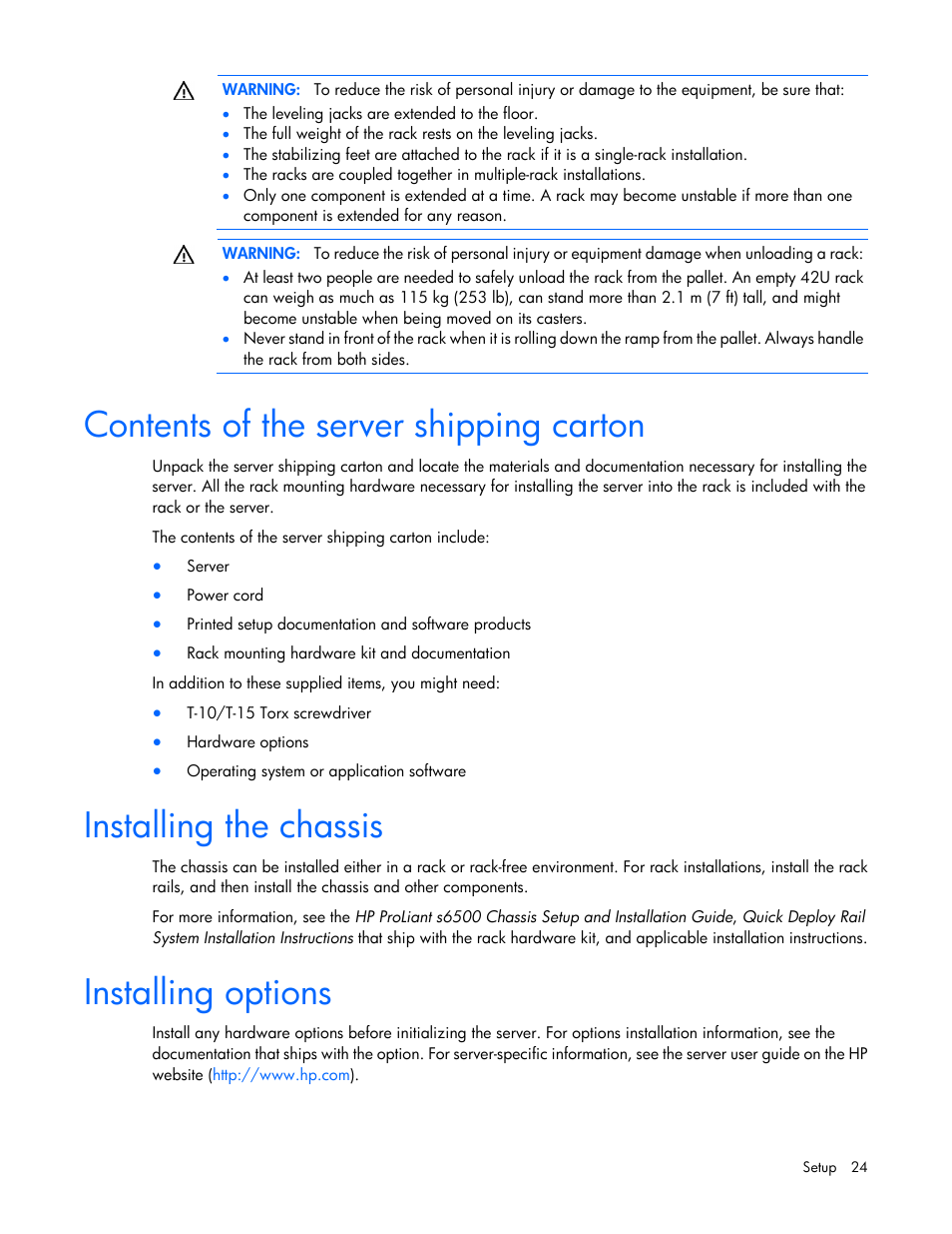 Contents of the server shipping carton, Installing the chassis, Installing options | HP ProLiant SL230s Gen8 Server User Manual | Page 24 / 110