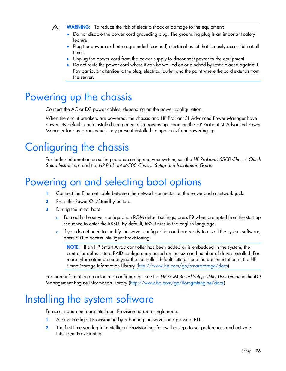 Powering up the chassis, Configuring the chassis, Powering on and selecting boot options | Installing the system software | HP ProLiant SL230s Gen8 Server User Manual | Page 26 / 110