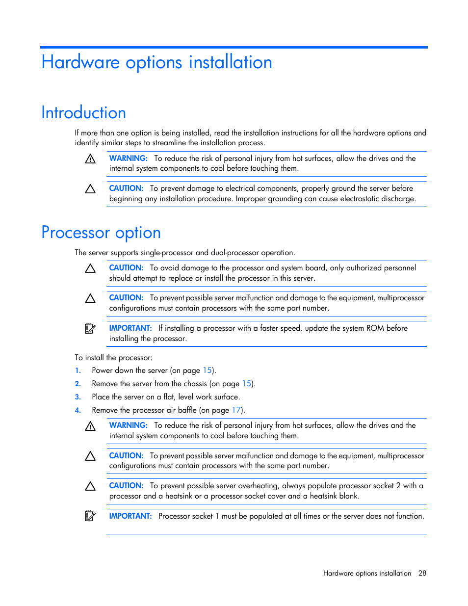 Hardware options installation, Introduction, Processor option | HP ProLiant SL230s Gen8 Server User Manual | Page 28 / 110