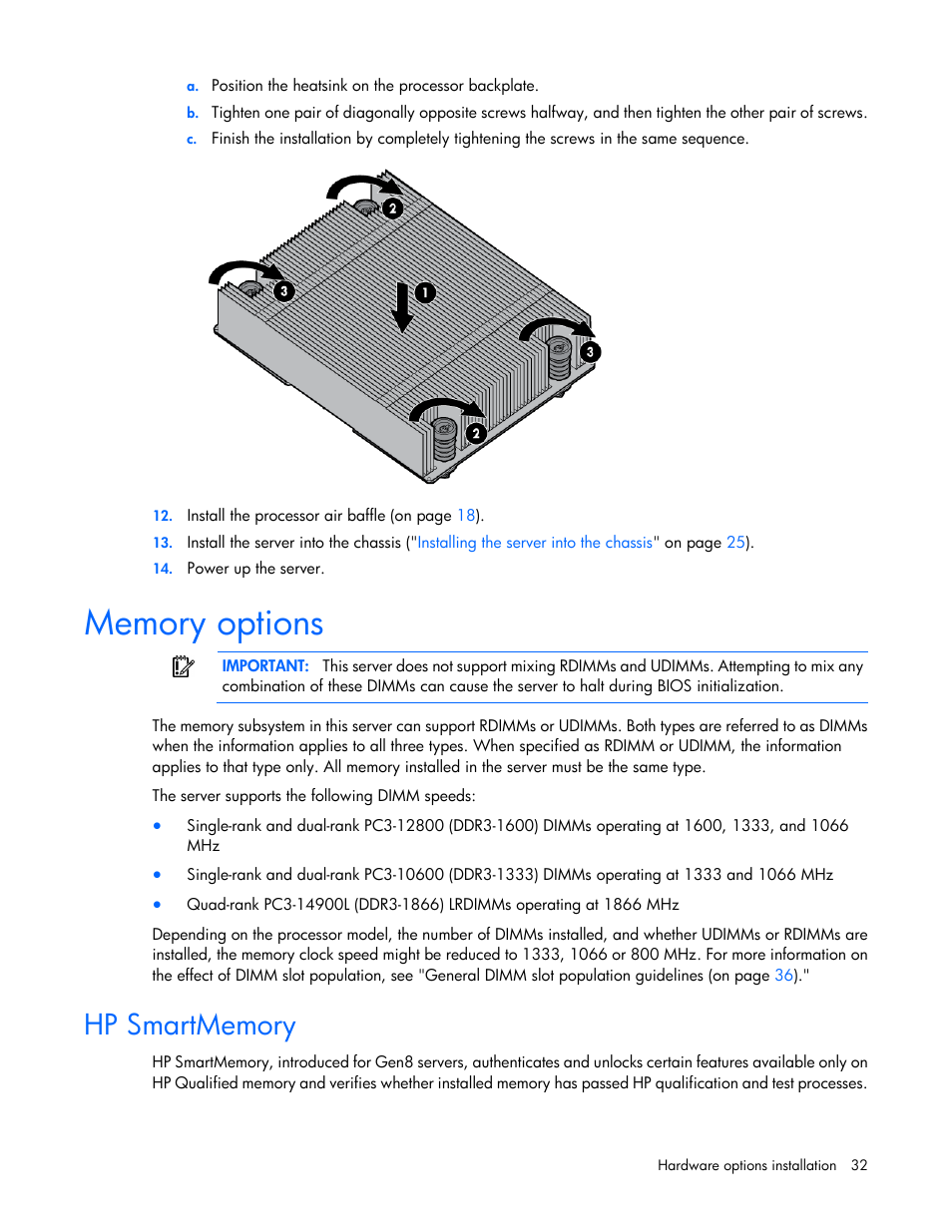 Memory options, Hp smartmemory | HP ProLiant SL230s Gen8 Server User Manual | Page 32 / 110