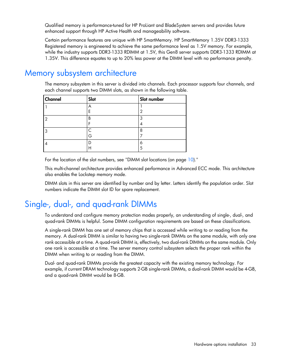 Memory subsystem architecture, Single-, dual-, and quad-rank dimms | HP ProLiant SL230s Gen8 Server User Manual | Page 33 / 110
