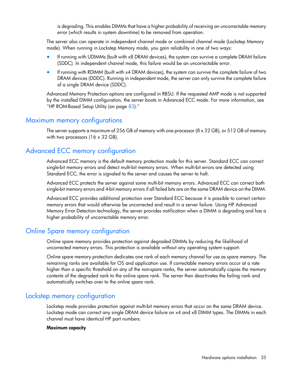 Maximum memory configurations, Advanced ecc memory configuration, Online spare memory configuration | Lockstep memory configuration | HP ProLiant SL230s Gen8 Server User Manual | Page 35 / 110
