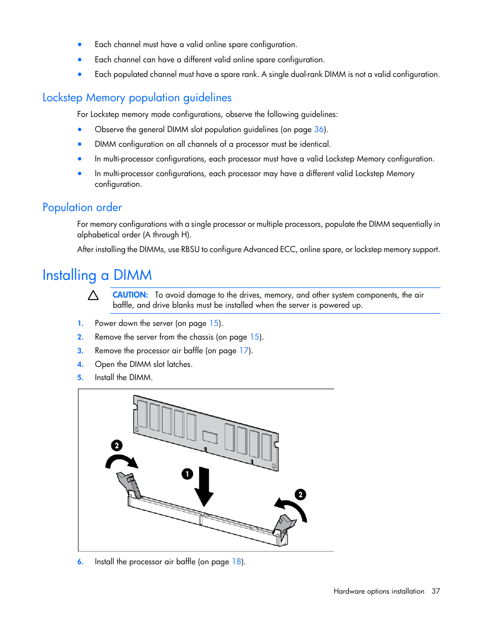 Lockstep memory population guidelines, Population order, Installing a dimm | HP ProLiant SL230s Gen8 Server User Manual | Page 37 / 110