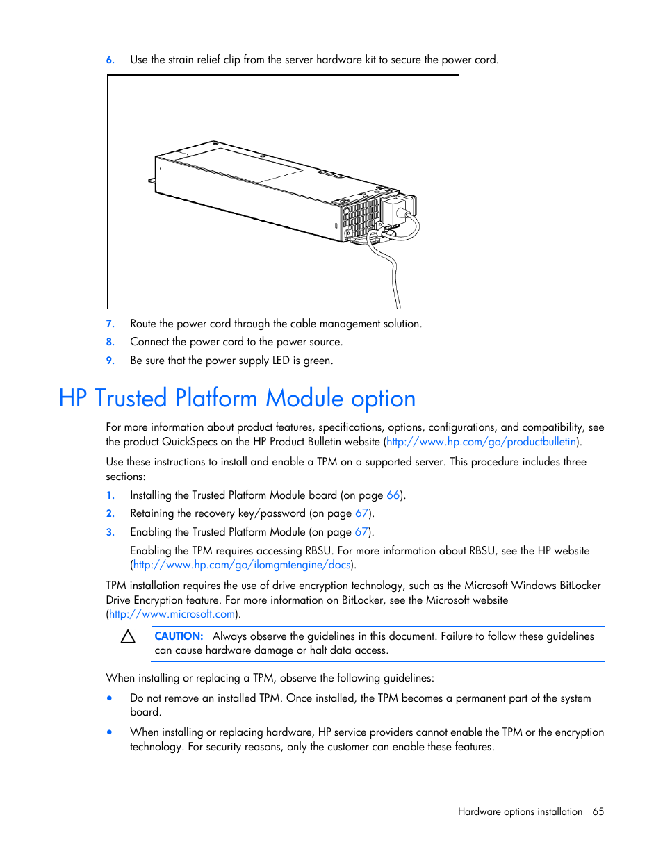 Hp trusted platform module option | HP ProLiant SL230s Gen8 Server User Manual | Page 65 / 110