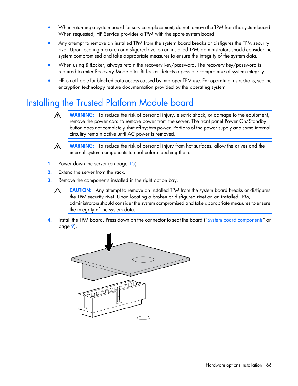 Installing the trusted platform module board | HP ProLiant SL230s Gen8 Server User Manual | Page 66 / 110