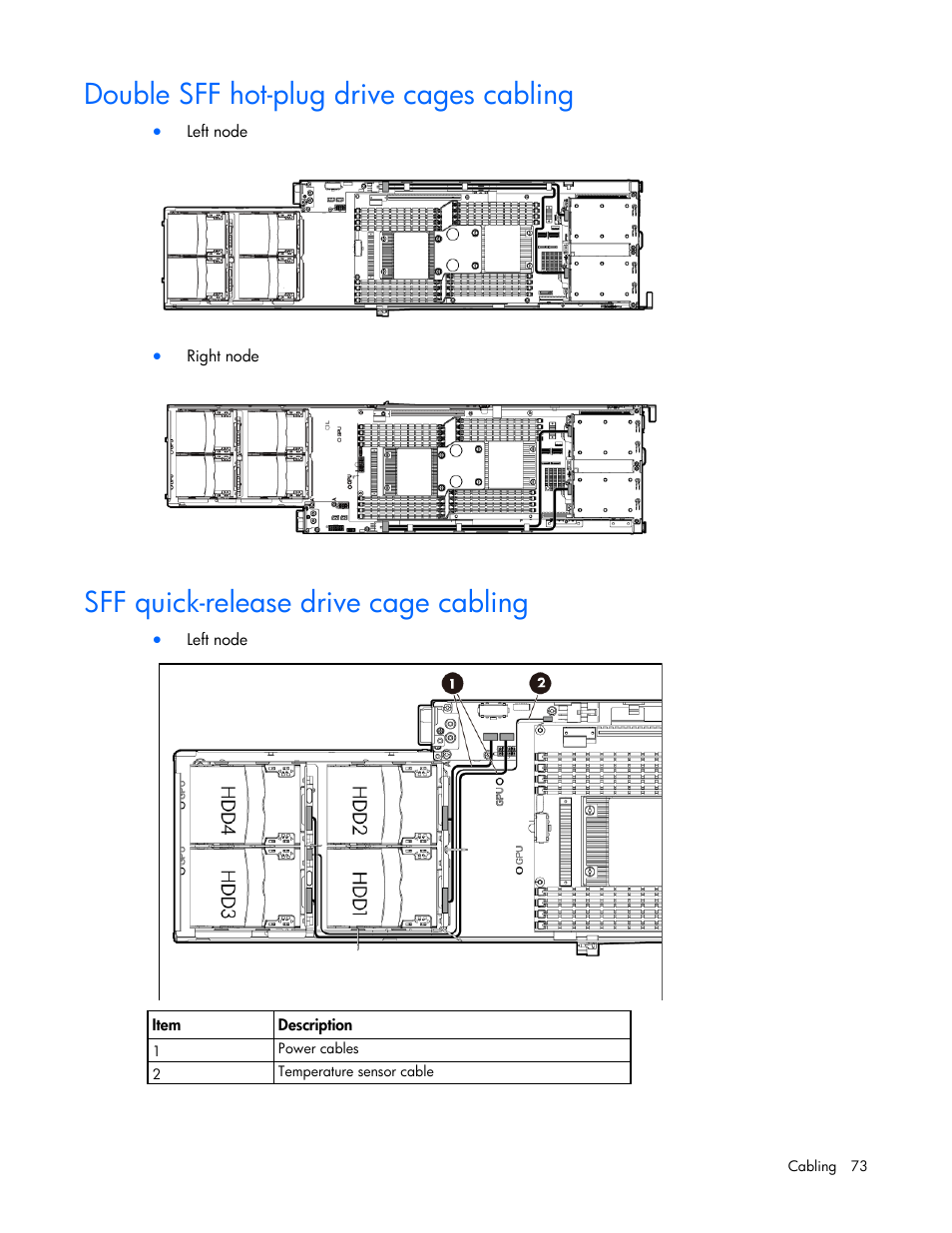 Double sff hot-plug drive cages cabling, Sff quick-release drive cage cabling | HP ProLiant SL230s Gen8 Server User Manual | Page 73 / 110