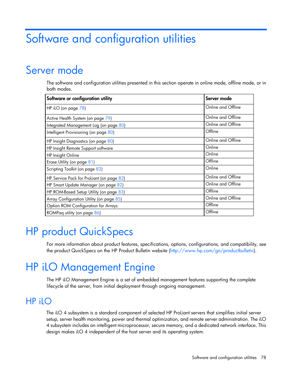 Software and configuration utilities, Server mode, Hp product quickspecs | Hp ilo management engine, Hp ilo | HP ProLiant SL230s Gen8 Server User Manual | Page 78 / 110