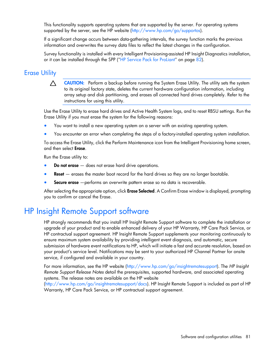 Erase utility, Hp insight remote support software | HP ProLiant SL230s Gen8 Server User Manual | Page 81 / 110