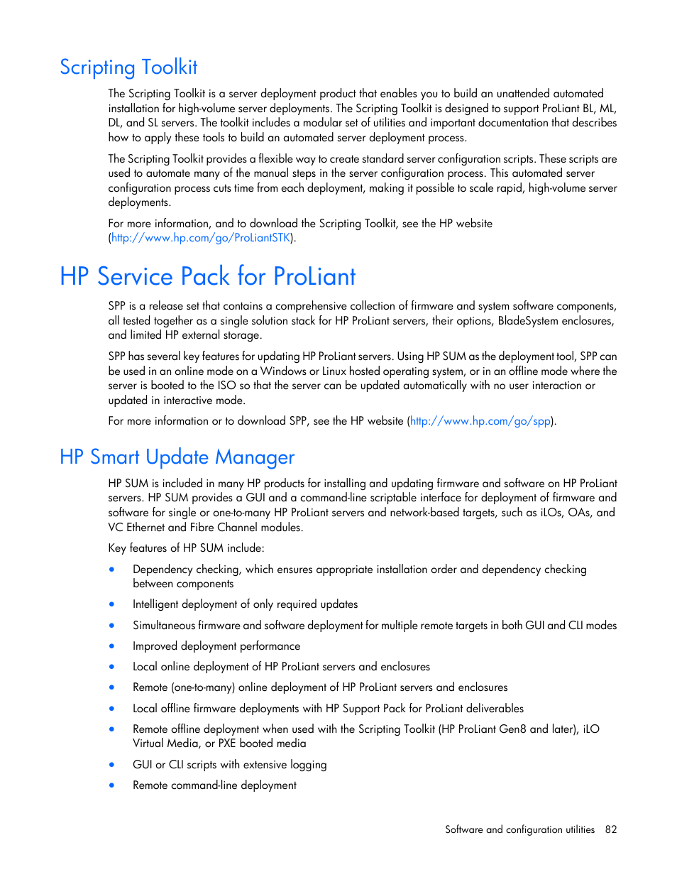 Scripting toolkit, Hp service pack for proliant, Hp smart update manager | HP ProLiant SL230s Gen8 Server User Manual | Page 82 / 110