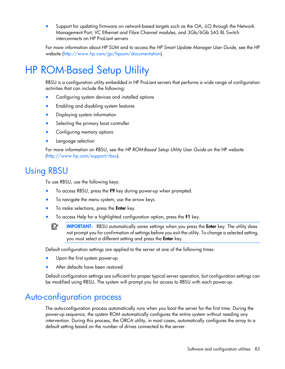 Hp rom-based setup utility, Using rbsu, Auto-configuration process | HP ProLiant SL230s Gen8 Server User Manual | Page 83 / 110