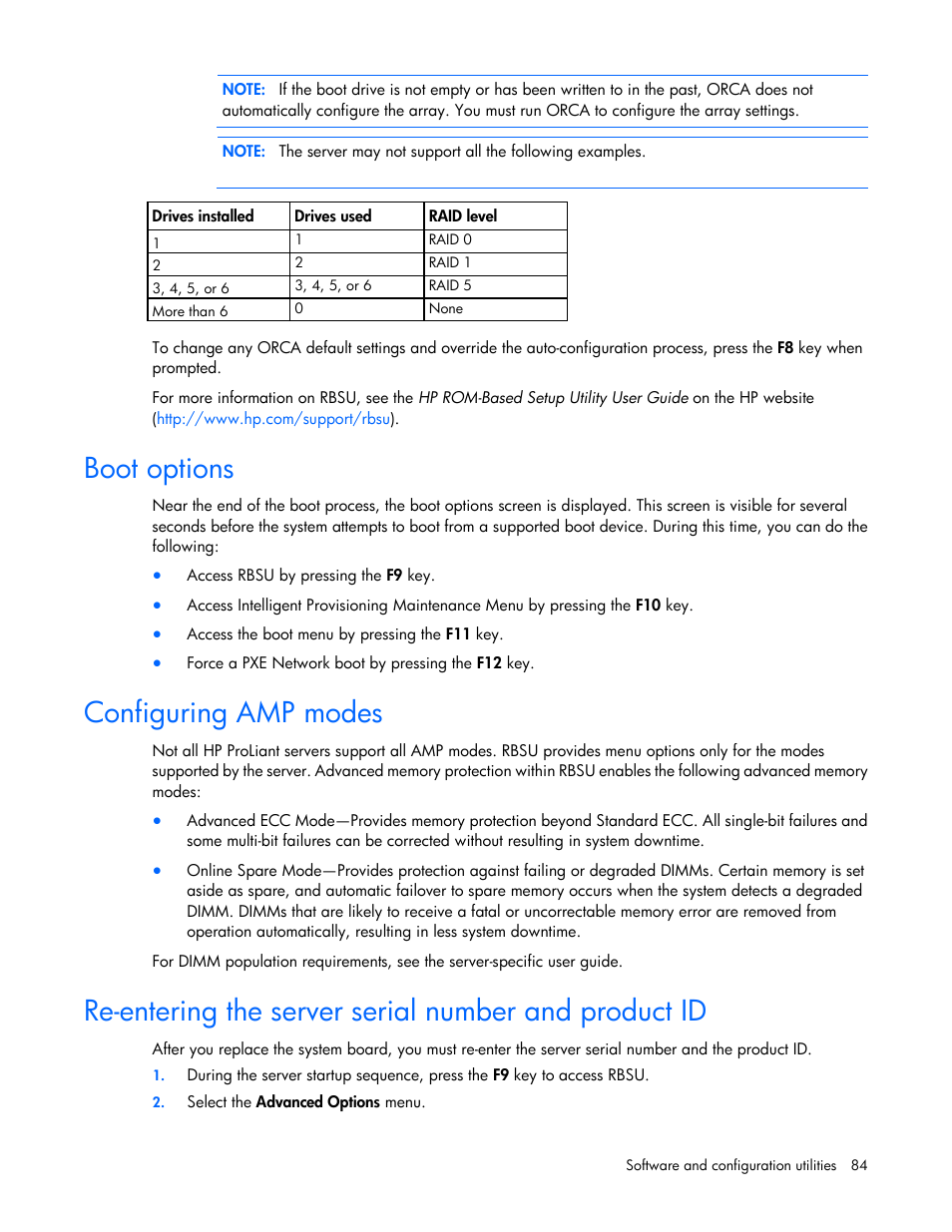 Boot options, Configuring amp modes | HP ProLiant SL230s Gen8 Server User Manual | Page 84 / 110