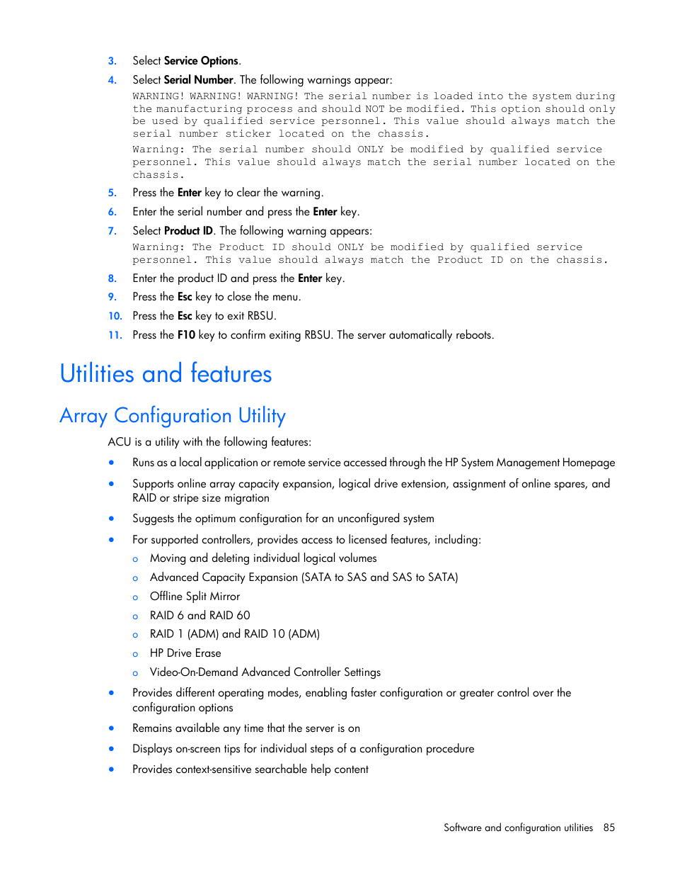 Utilities and features, Array configuration utility | HP ProLiant SL230s Gen8 Server User Manual | Page 85 / 110