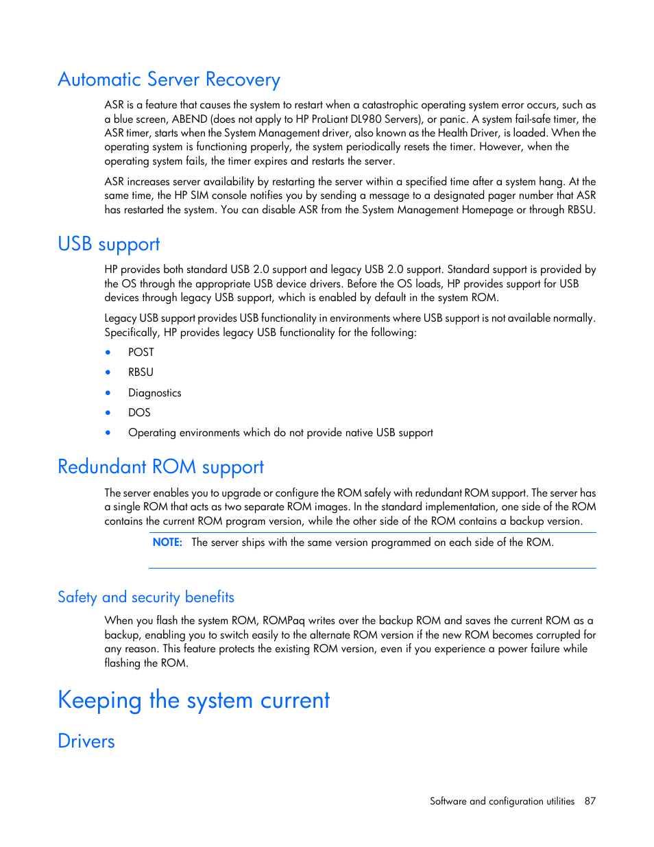 Automatic server recovery, Usb support, Redundant rom support | Safety and security benefits, Keeping the system current, Drivers | HP ProLiant SL230s Gen8 Server User Manual | Page 87 / 110