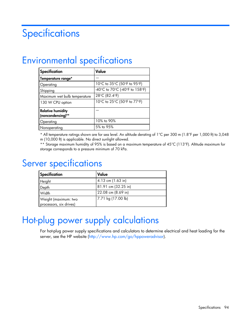 Specifications, Environmental specifications, Server specifications | Hot-plug power supply calculations | HP ProLiant SL230s Gen8 Server User Manual | Page 94 / 110